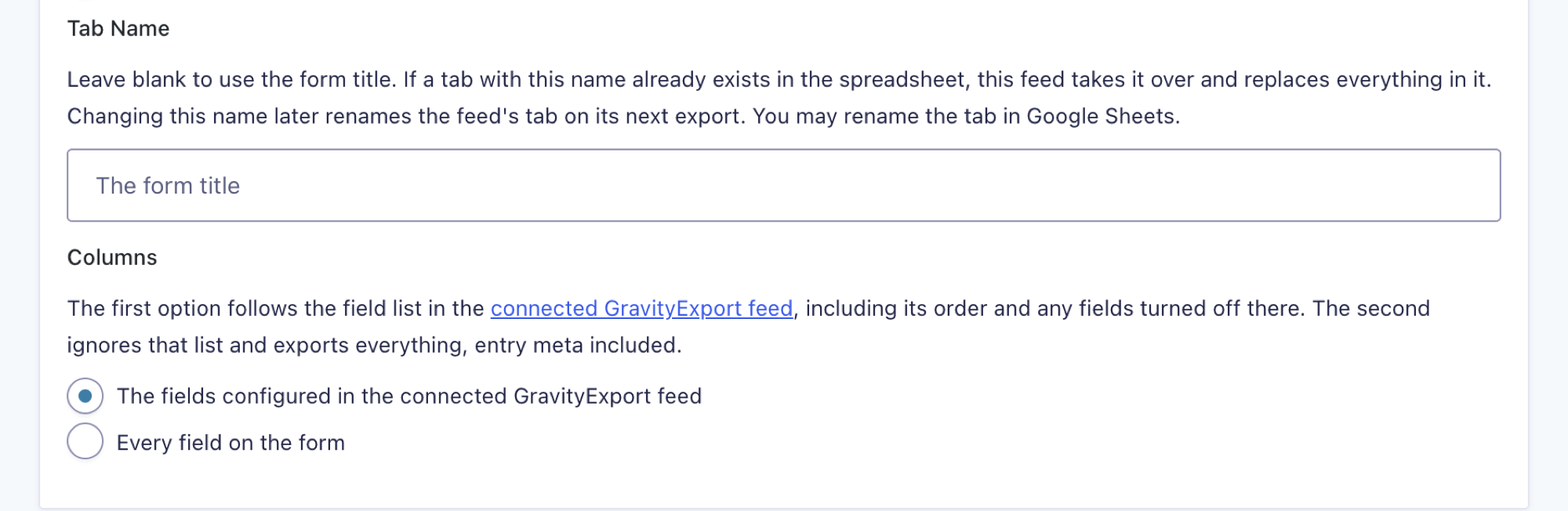 The Tab Name and Columns settings on a Google Sheets feed