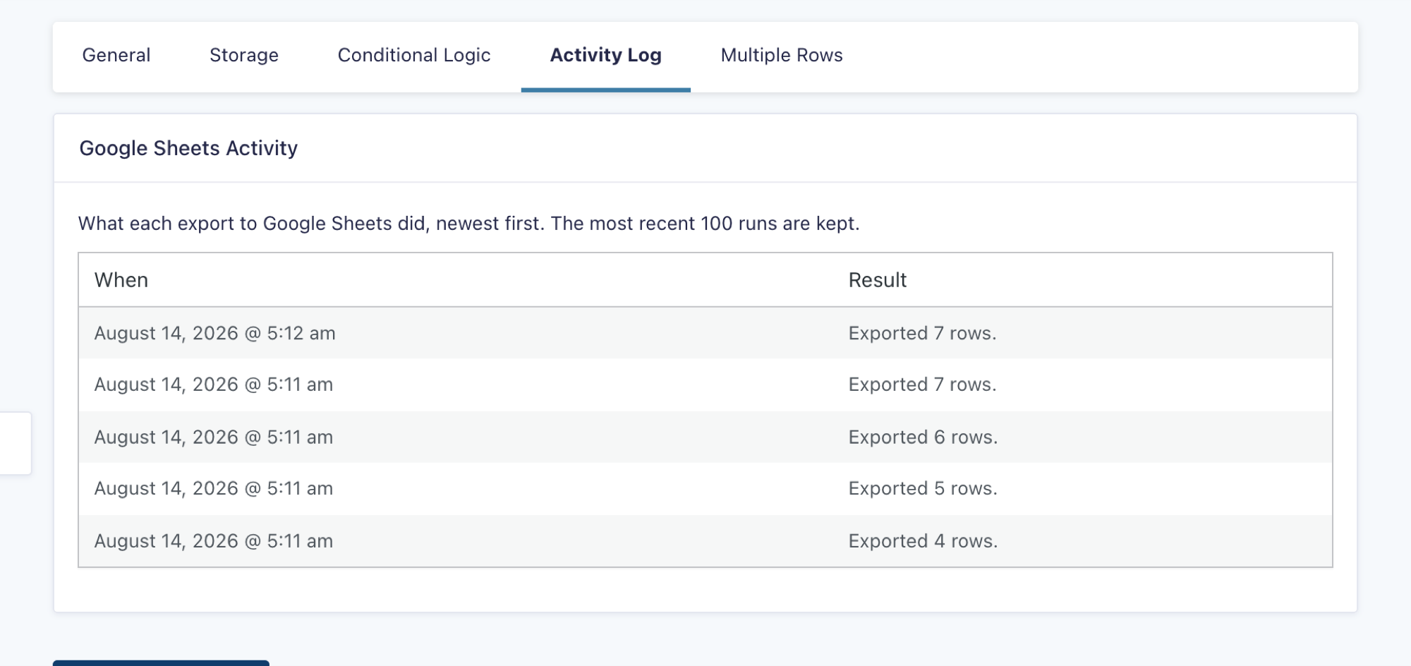 The Activity Log tab of a feed listing recent Google Sheets exports