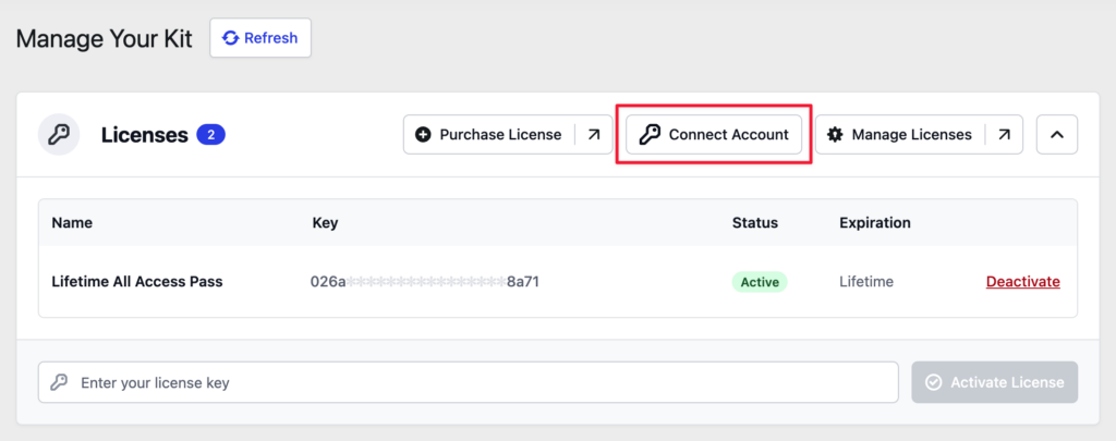 The Licenses section of the Manage Your Kit screen in WordPress, with the Connect Account button highlighted