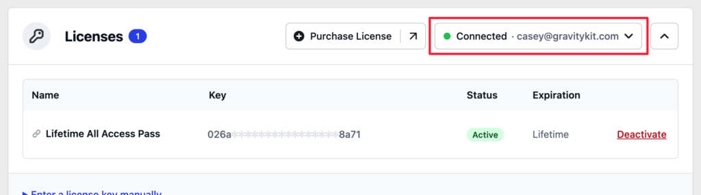 The Licenses section on a connected WordPress site, with the Connected status and linked GravityKit account email highlighted