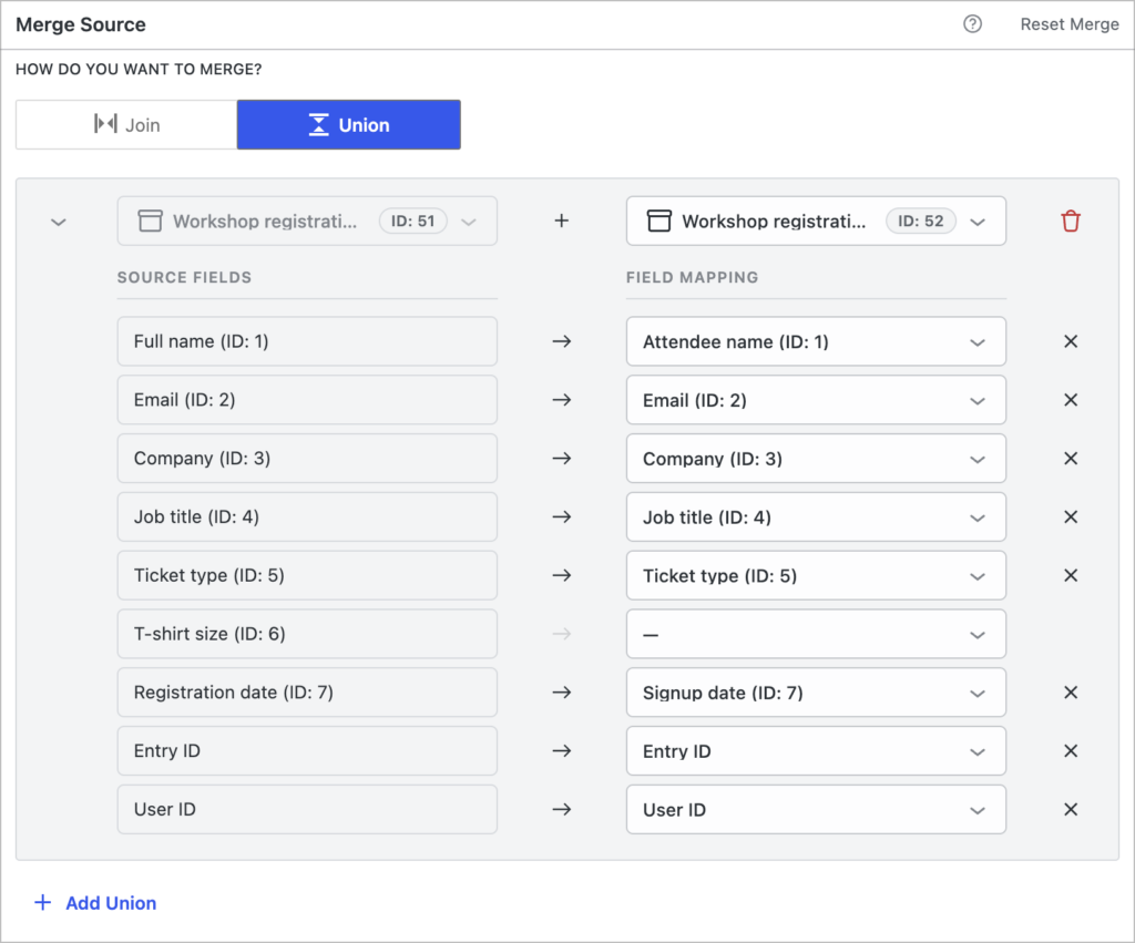 The field mapping table with source fields from the primary form on the left, automatically mapped to matching fields from the added form on the right