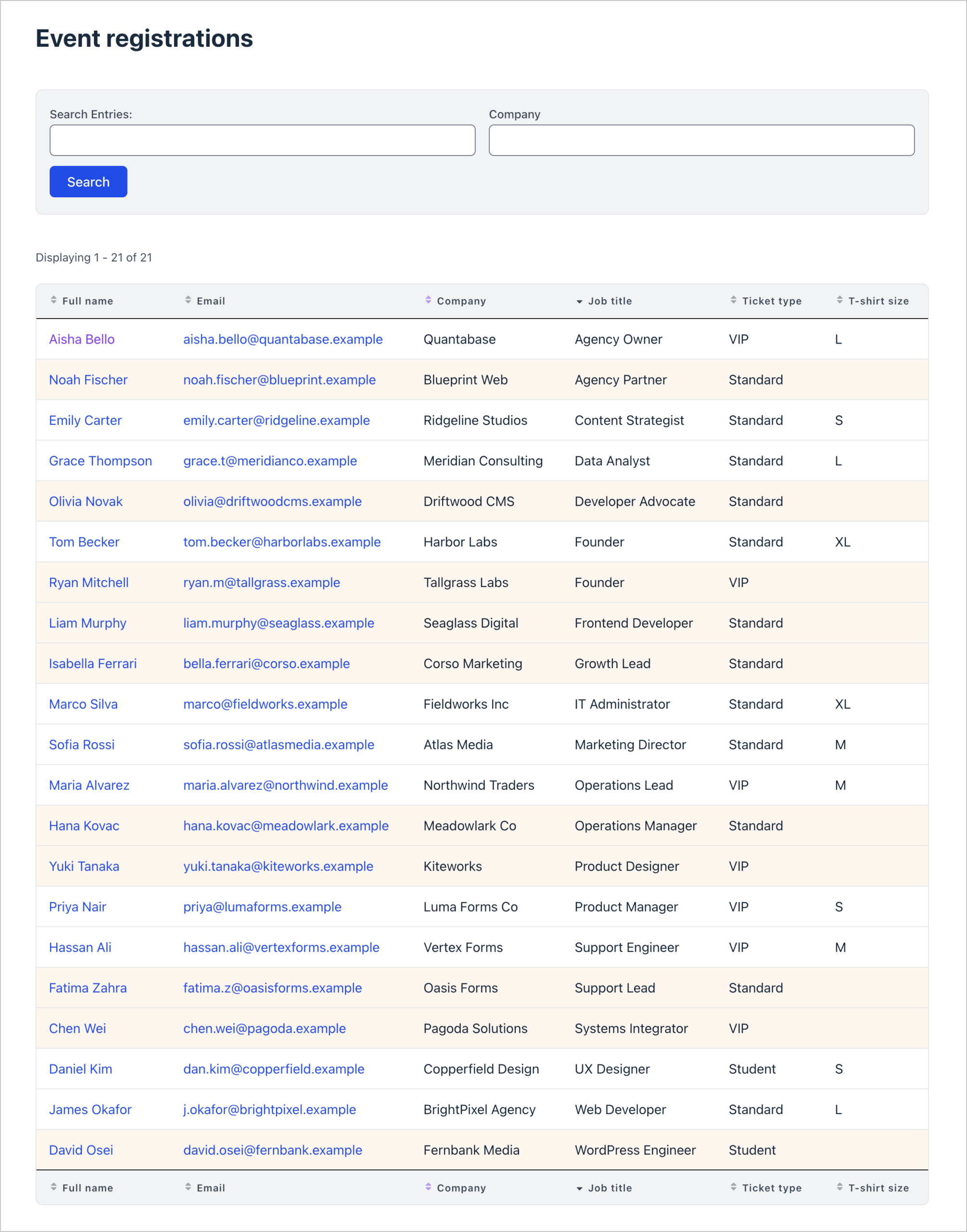 A front-end View combining in-person and virtual workshop registrations in one table, with a search bar above. Rows from the virtual registration form are tinted gold to show which form each entry came from