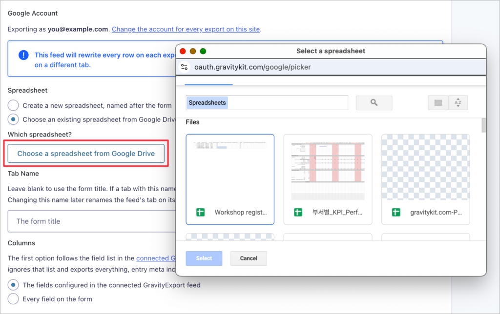 The Google Drive picker window open over a GravityExport feed's Spreadsheet settings, listing available spreadsheets to select, with the "Choose a spreadsheet from Google Drive" button highlighted.