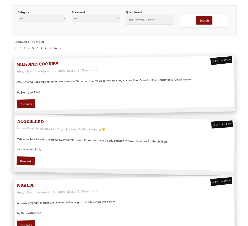 The Killer Shorts Script Directory built with GravityView: a search bar with Category, Placement, and Quick Search filters above script cards showing title, page count, season, placement, logline, writer name, a Request button, and an Editor's Pick badge