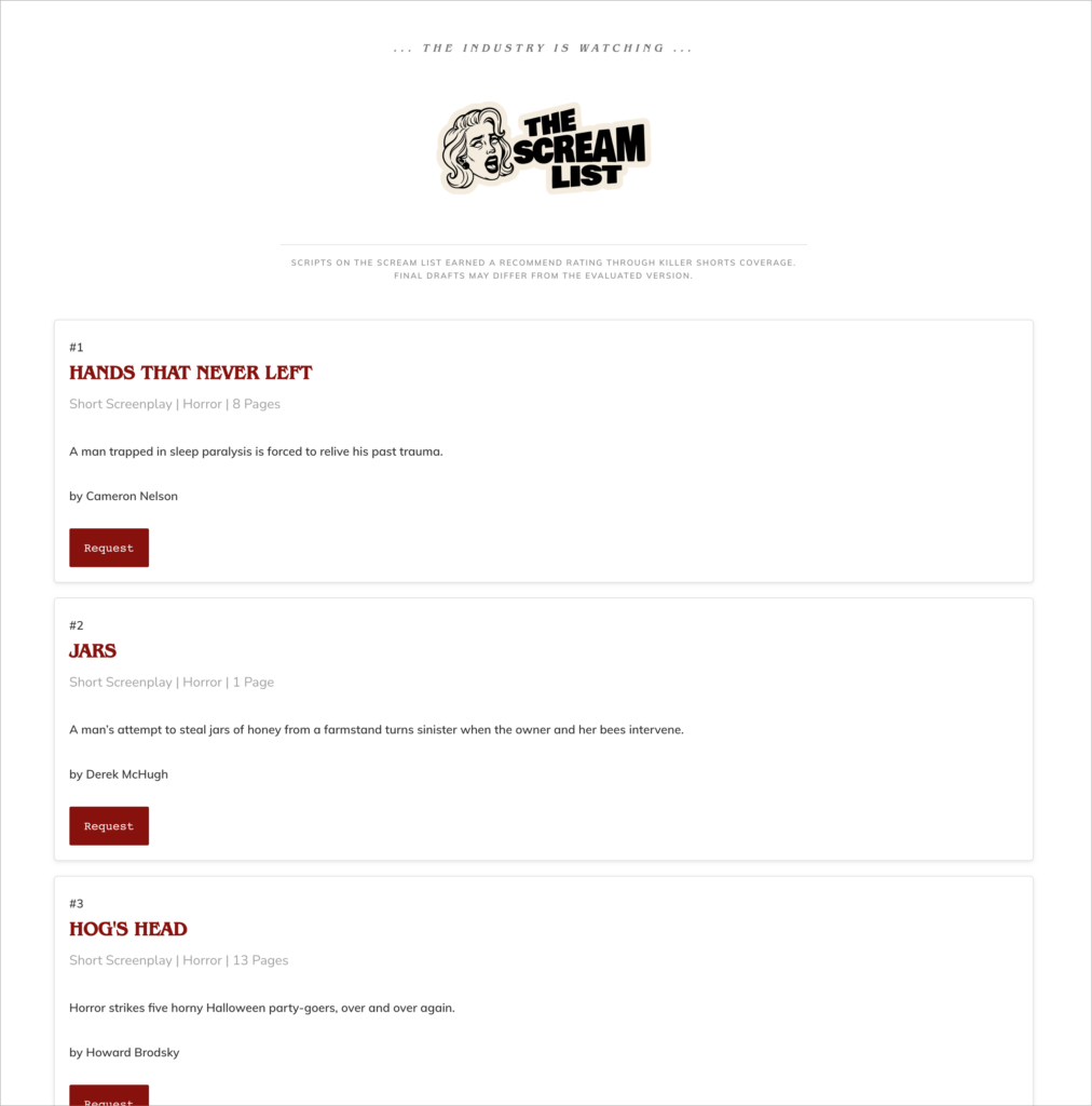 The Scream List on killershorts.com built with GravityView: numbered horror short screenplays, each showing title, format, genre, page count, logline, writer name, and a Request button