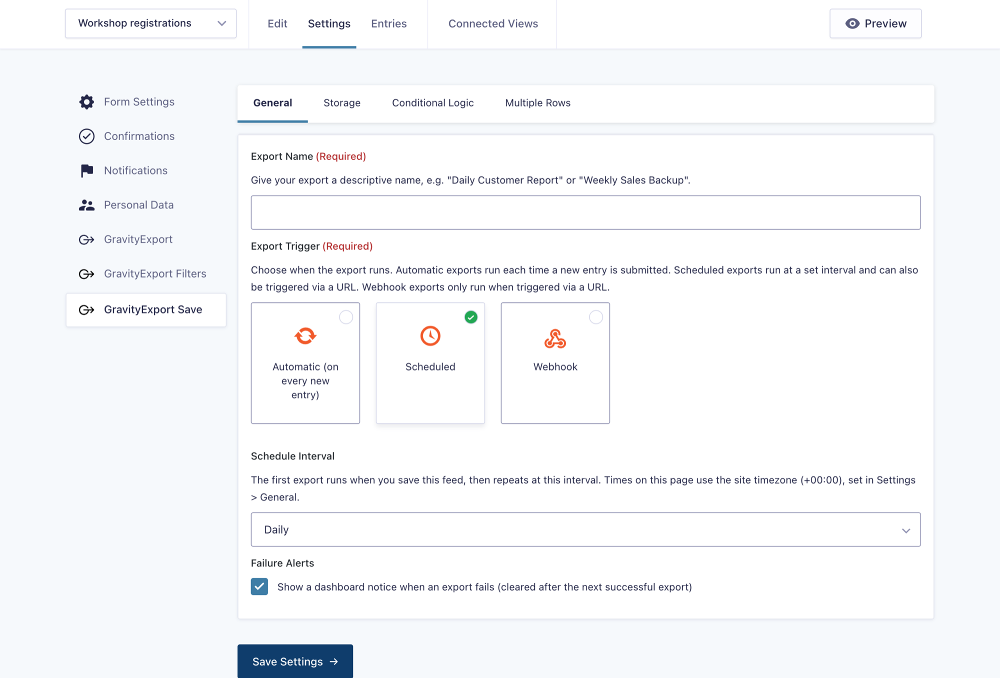 The General tab of a GravityExport Save feed with Export Trigger set to Scheduled