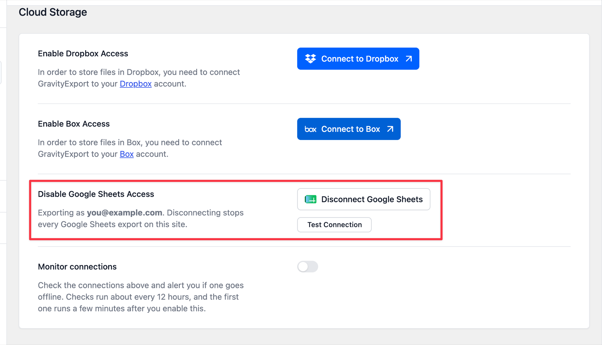 The Cloud Storage section after a Google account is connected, with the Google Sheets row highlighted