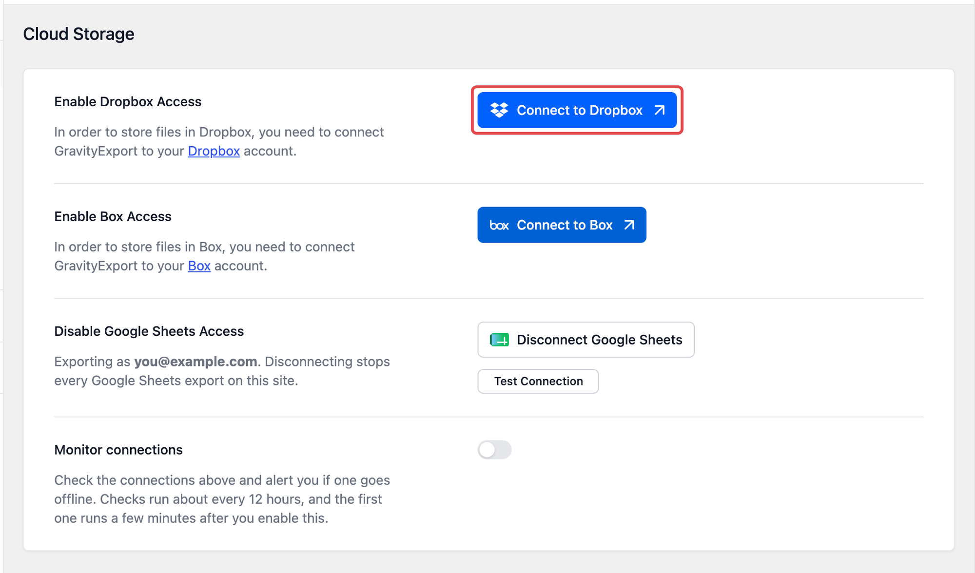 The Cloud Storage section of the GravityExport settings tab in GravityKit Settings, with the Connect to Dropbox button highlighted, plus Connect to Box, a connected Google Sheets account with Test Connection, and the Monitor connections toggle