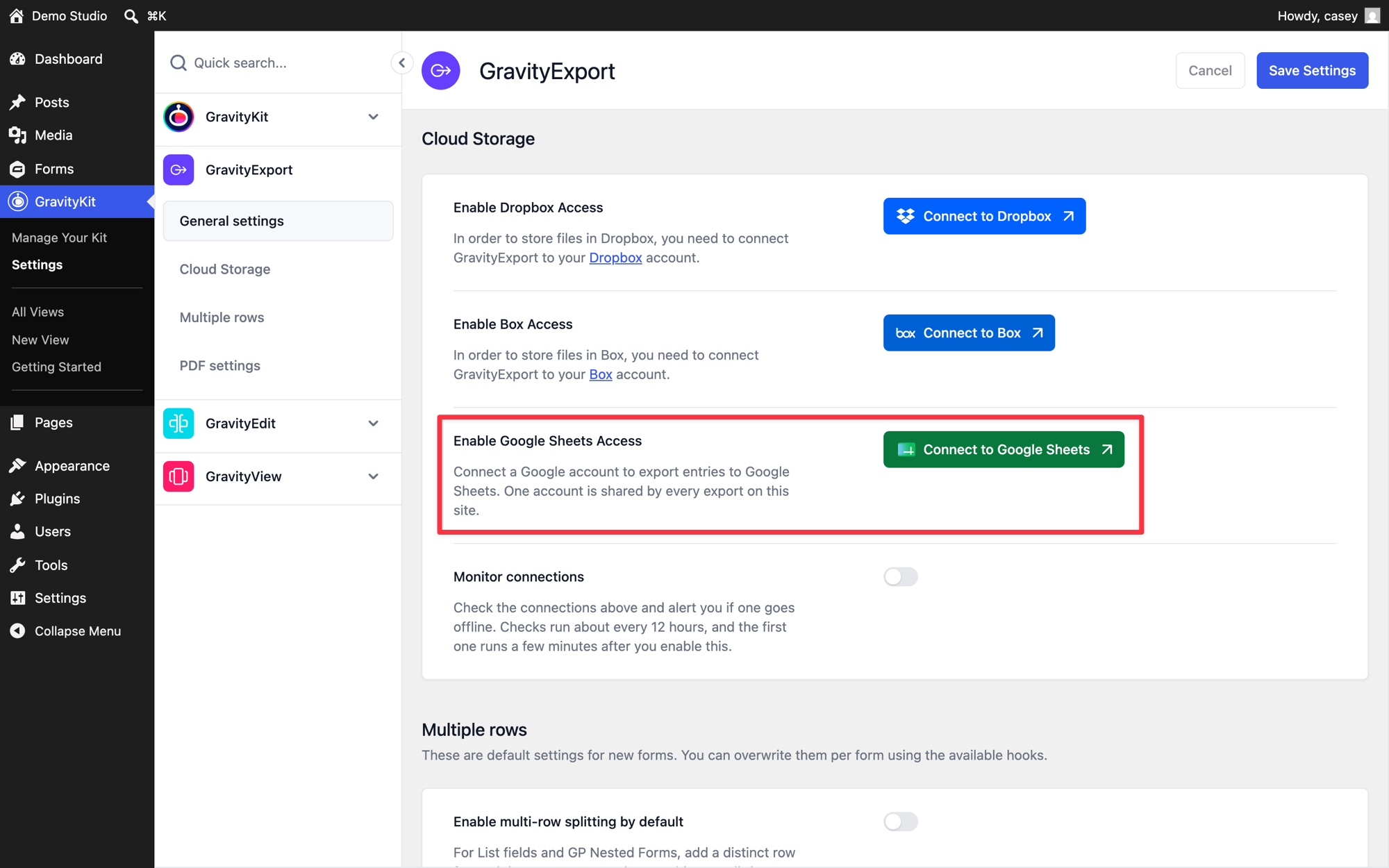 The Cloud Storage section of the GravityExport settings tab, with the Connect to Google Sheets button highlighted