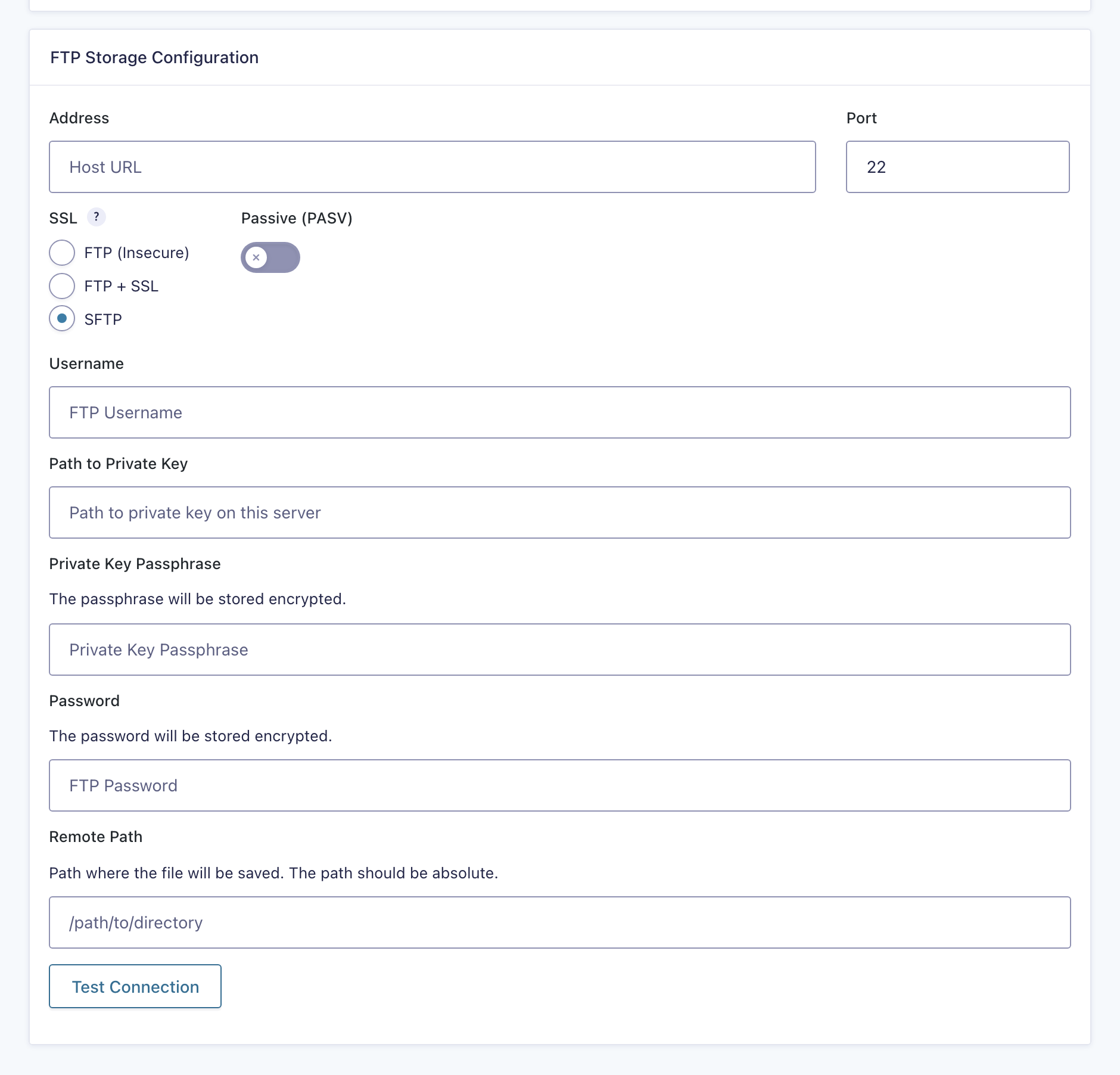 The FTP Storage Configuration panel on a GravityExport Save feed with fields for Address, Port, SSL mode with SFTP selected, Passive mode, Username, Path to Private Key, Private Key Passphrase, Password, Remote Path, and a Test Connection button