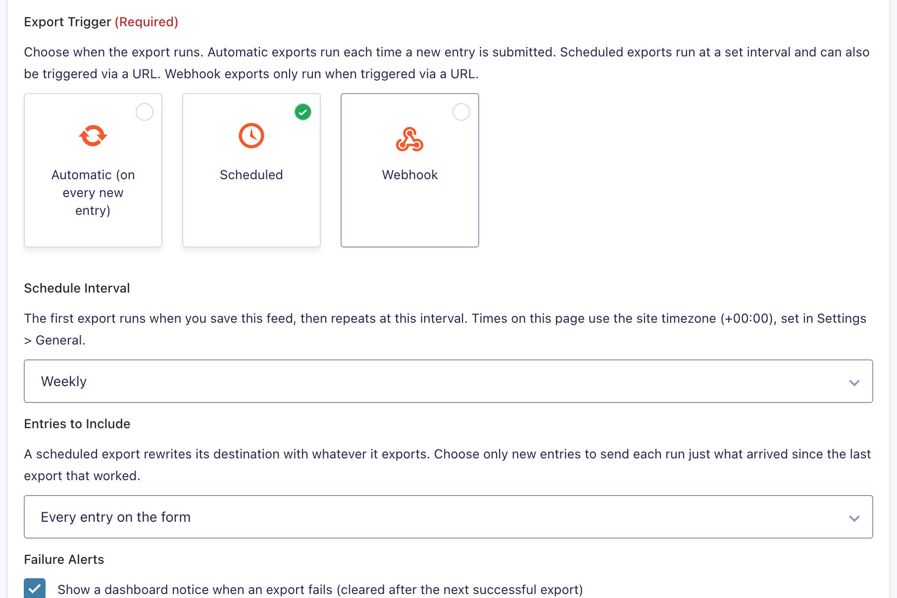 The Export Trigger section of a GravityExport Save feed with Scheduled selected, showing the Schedule Interval dropdown set to Weekly, the Entries to Include dropdown, and the Failure Alerts checkbox