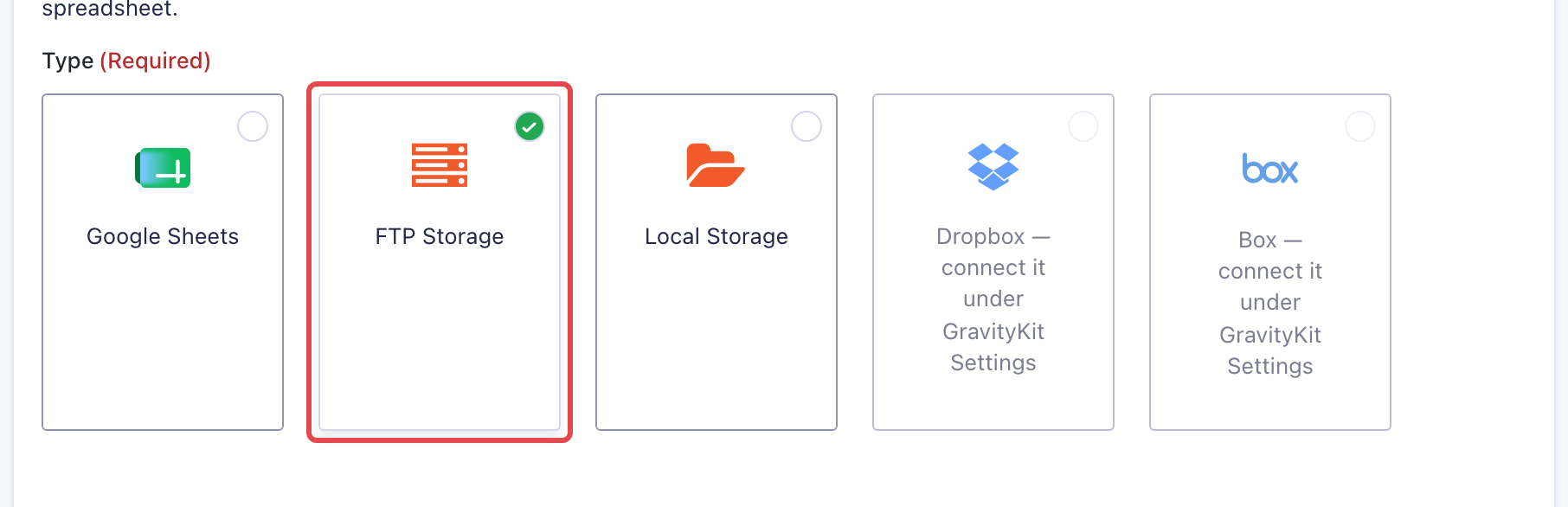 The Storage Destination tiles on a GravityExport Save feed, with the FTP Storage tile selected and highlighted alongside Google Sheets, Local Storage, Dropbox, and Box
