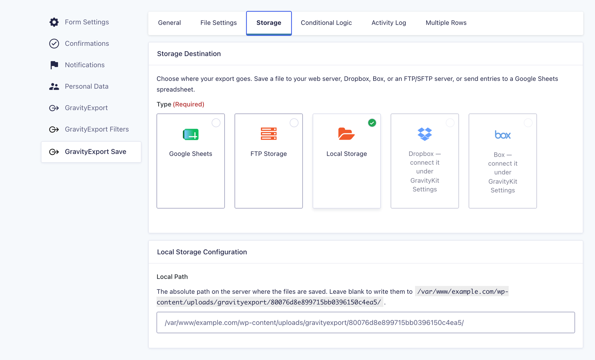The Storage tab of a GravityExport Save feed showing the Storage Destination tiles for Google Sheets, FTP Storage, Local Storage, Dropbox, and Box, with Local Storage selected and the Local Path field below