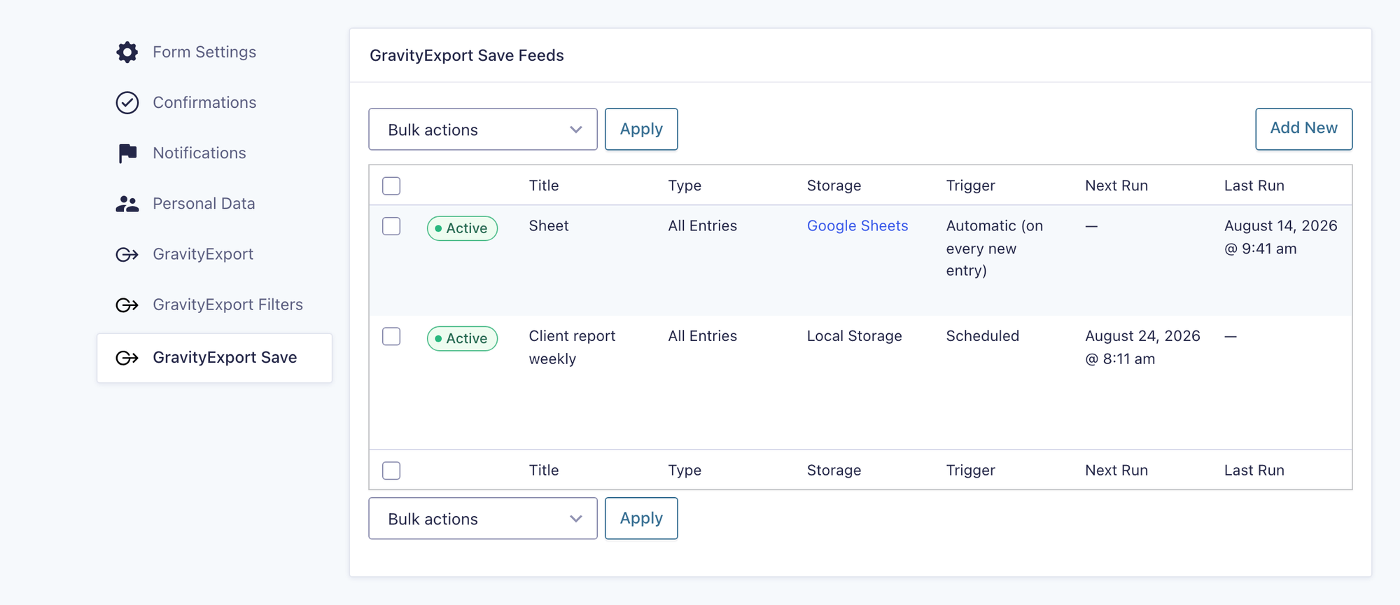 The GravityExport Save feed list for a form, with two feeds and columns for Title, Type, Storage, Trigger, Next Run, and Last Run