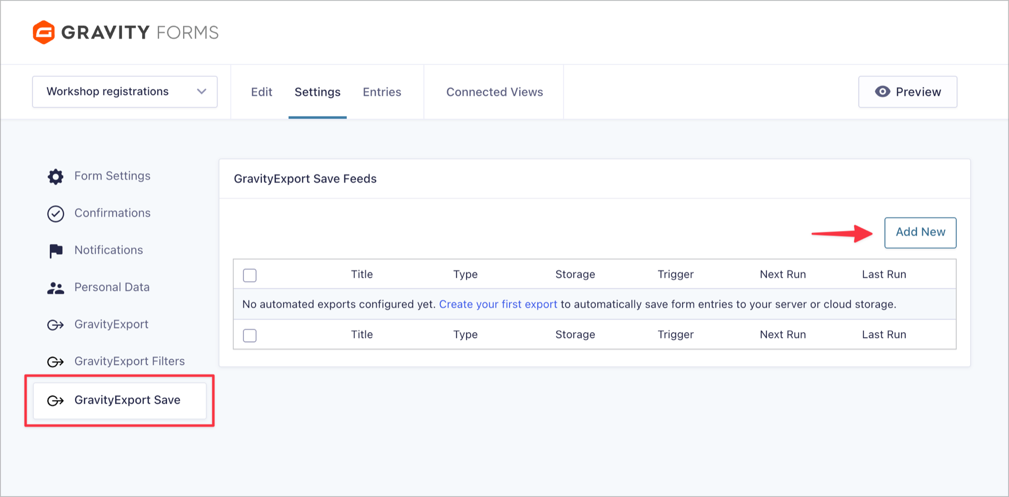 The GravityExport Save feed list, with the sidebar item and the Add New button highlighted