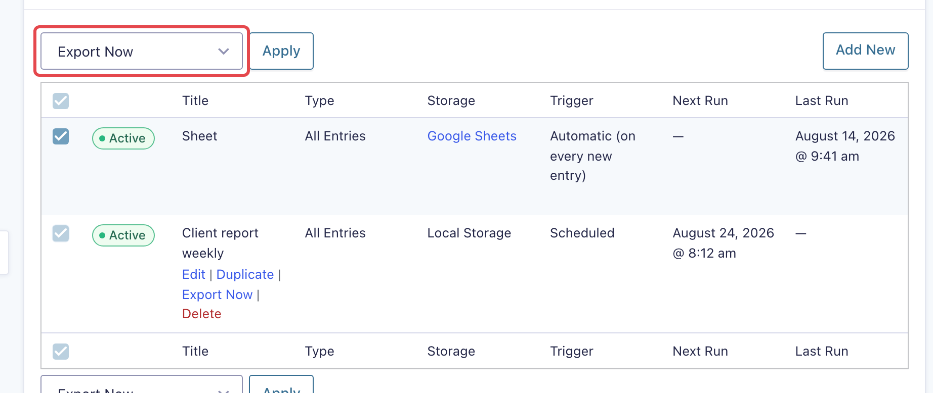 The GravityExport Save feed list with two feeds checked and Export Now selected in the Bulk actions dropdown, which is highlighted, next to the Apply button