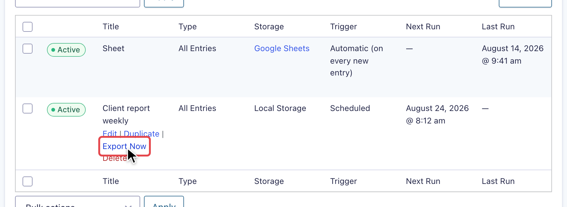 The GravityExport Save feed list with a feed's row actions visible and the cursor on the Export Now link, which is highlighted
