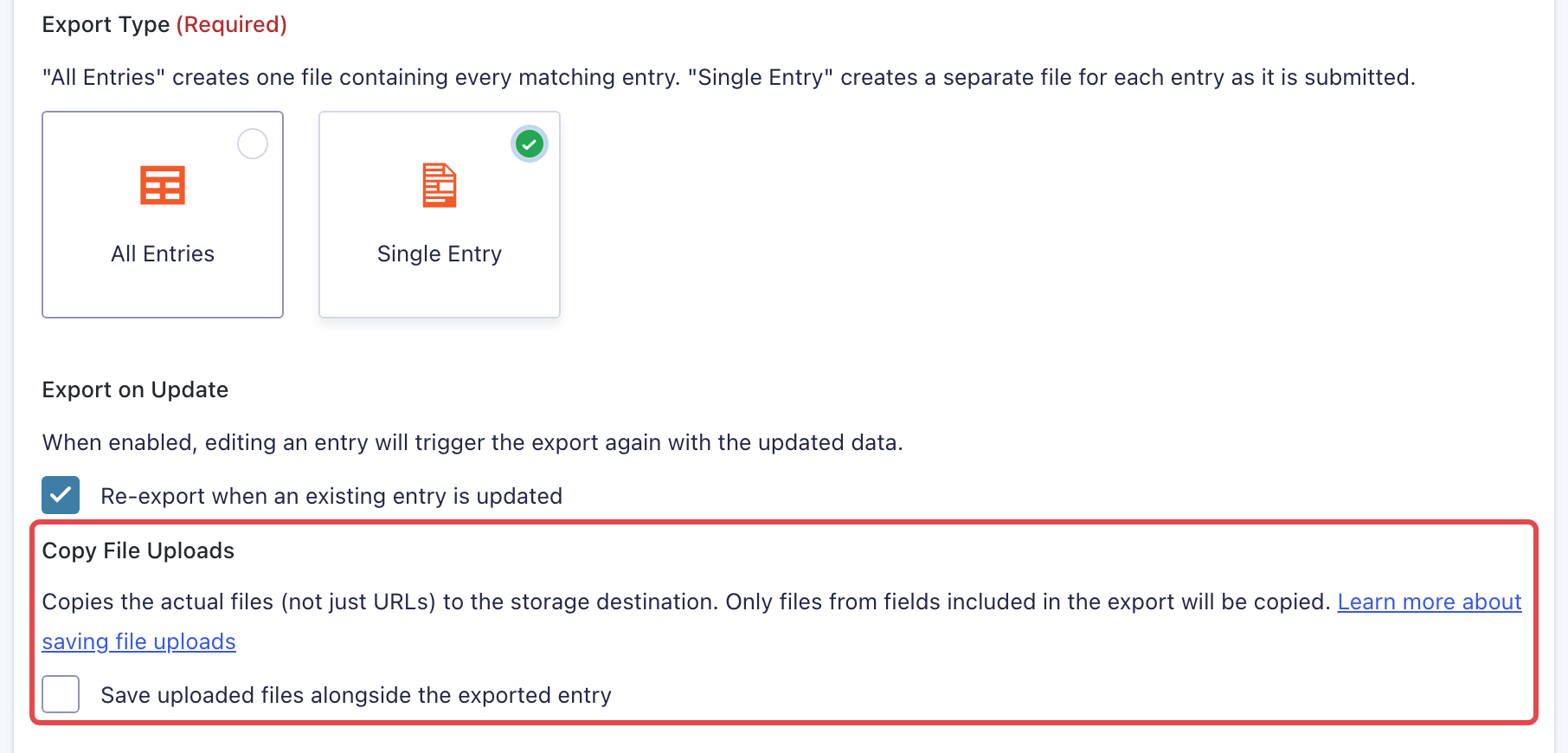 The General tab of a GravityExport Save feed with Export Type set to Single Entry, the Export on Update checkbox, and the Copy File Uploads setting highlighted
