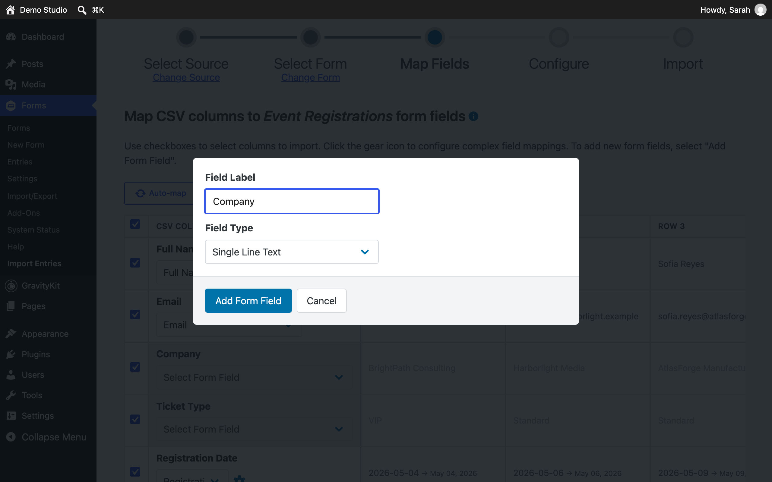 The Add Form Field dialog over the dimmed mapping table, with the Field Label pre-filled as "Company", a Field Type dropdown set to Single Line Text, and Add Form Field and Cancel buttons.