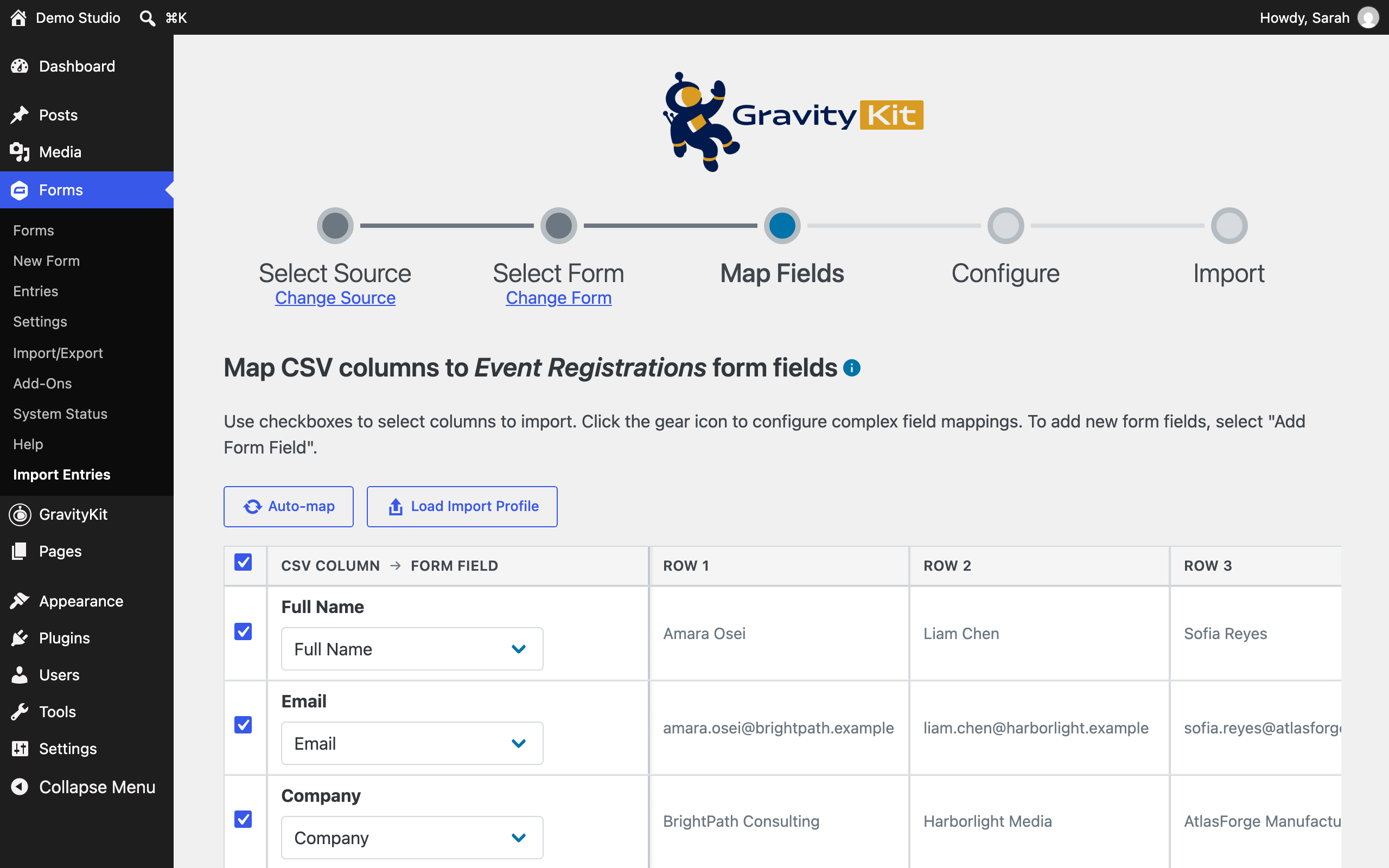 The Map Fields table after using Add Form Field: the Company column is now mapped to a newly created Company field on the form.