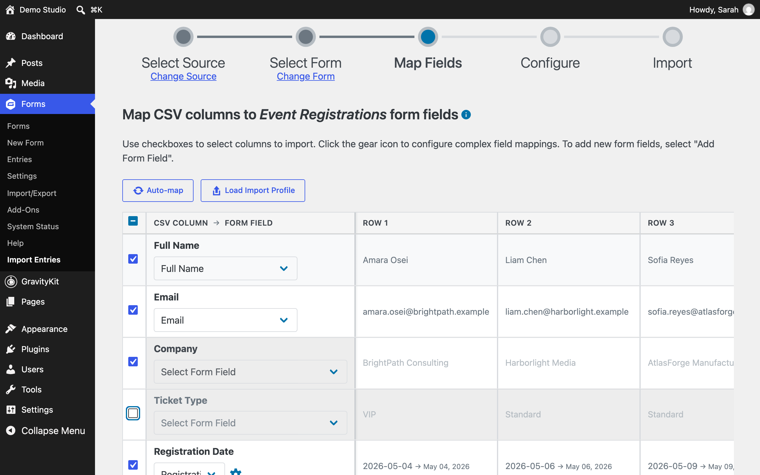 The Map Fields mapping table with the Ticket Type column's checkbox unticked and its row dimmed, indicating the column will be excluded from the import. The other columns remain ticked.