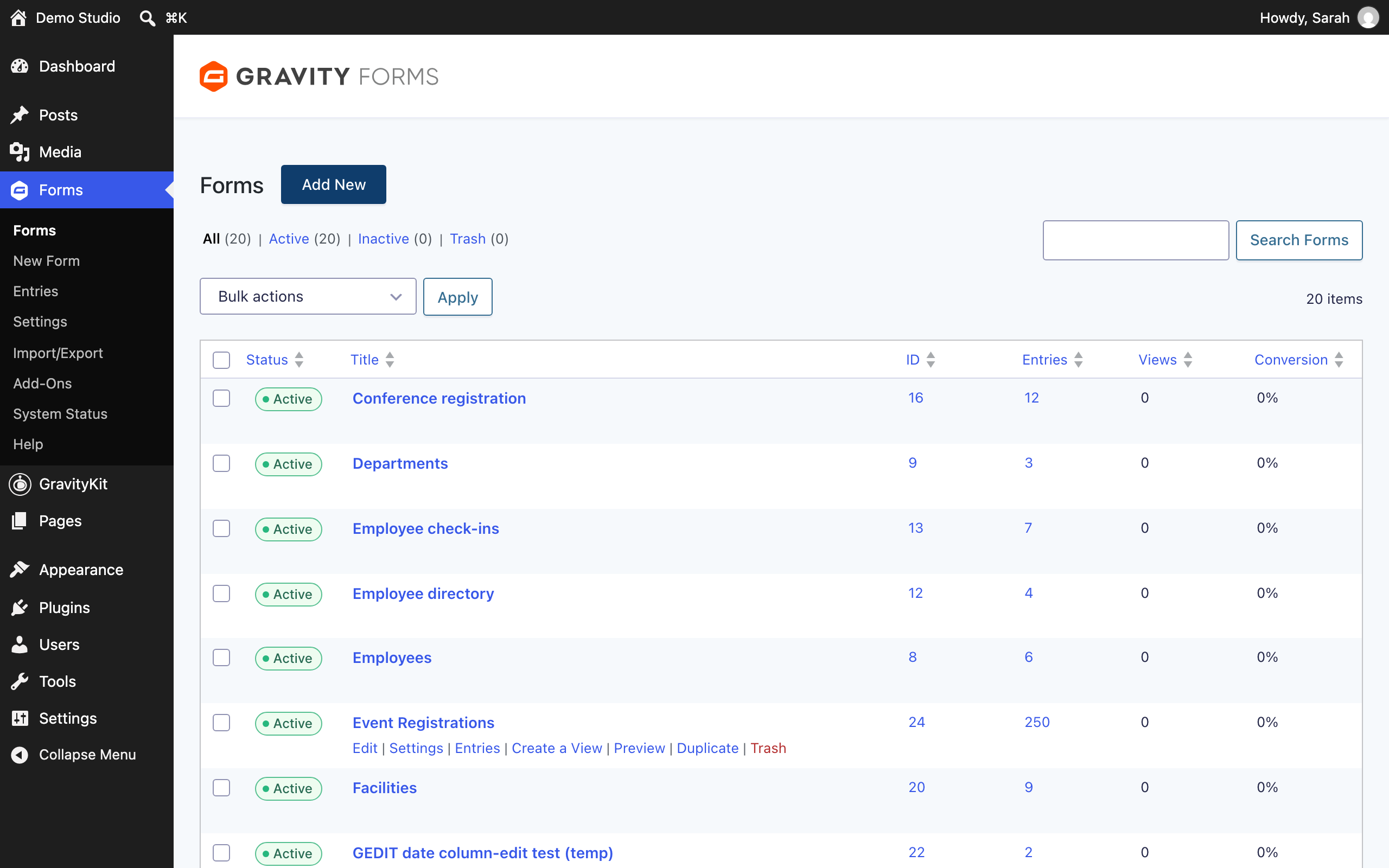 The Gravity Forms forms list with the Entries link shown when hovering over a form.