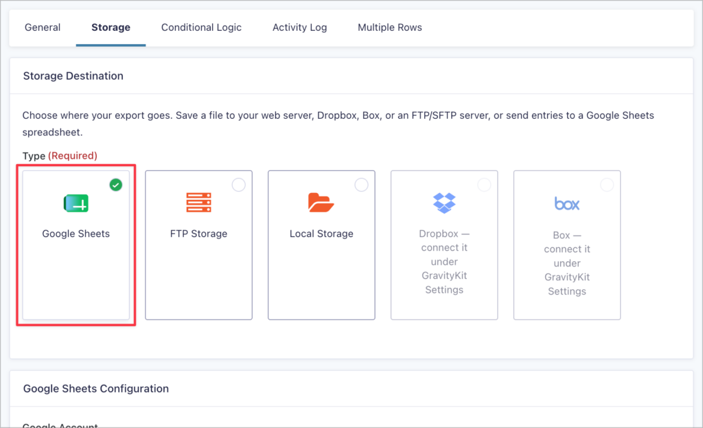 GravityExport Save feed editor on the Storage tab, showing the Storage Destination panel with five storage type tiles and the Google Sheets tile outlined in red and ticked, above the start of the Google Sheets Configuration panel.