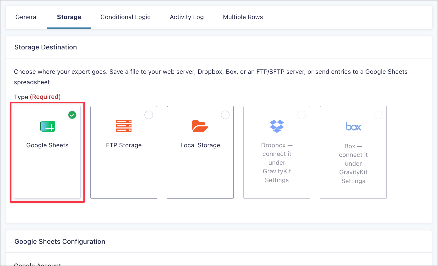 The Storage tab of a feed with the Google Sheets tile selected and highlighted