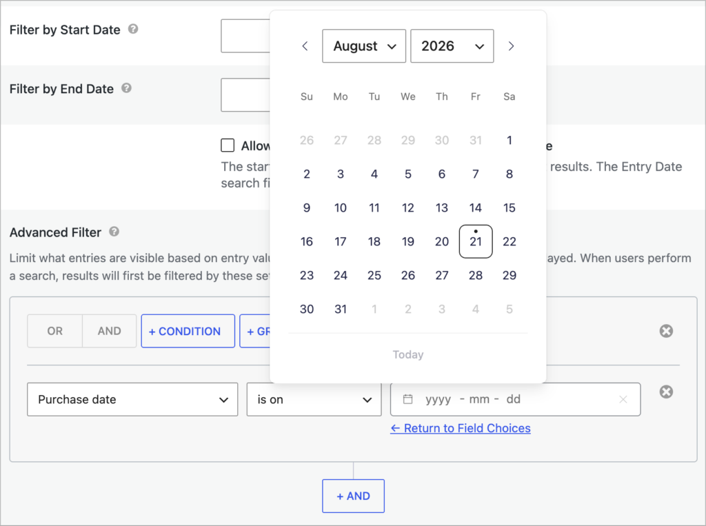Advanced Filter date condition in the GravityView editor, with the calendar and clear buttons inside the date input and the date picker calendar open
