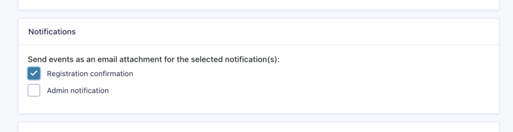 The Notifications section of a GravityCalendar feed, with the Registration confirmation notification ticked under Send events as an email attachment for the selected notification(s)