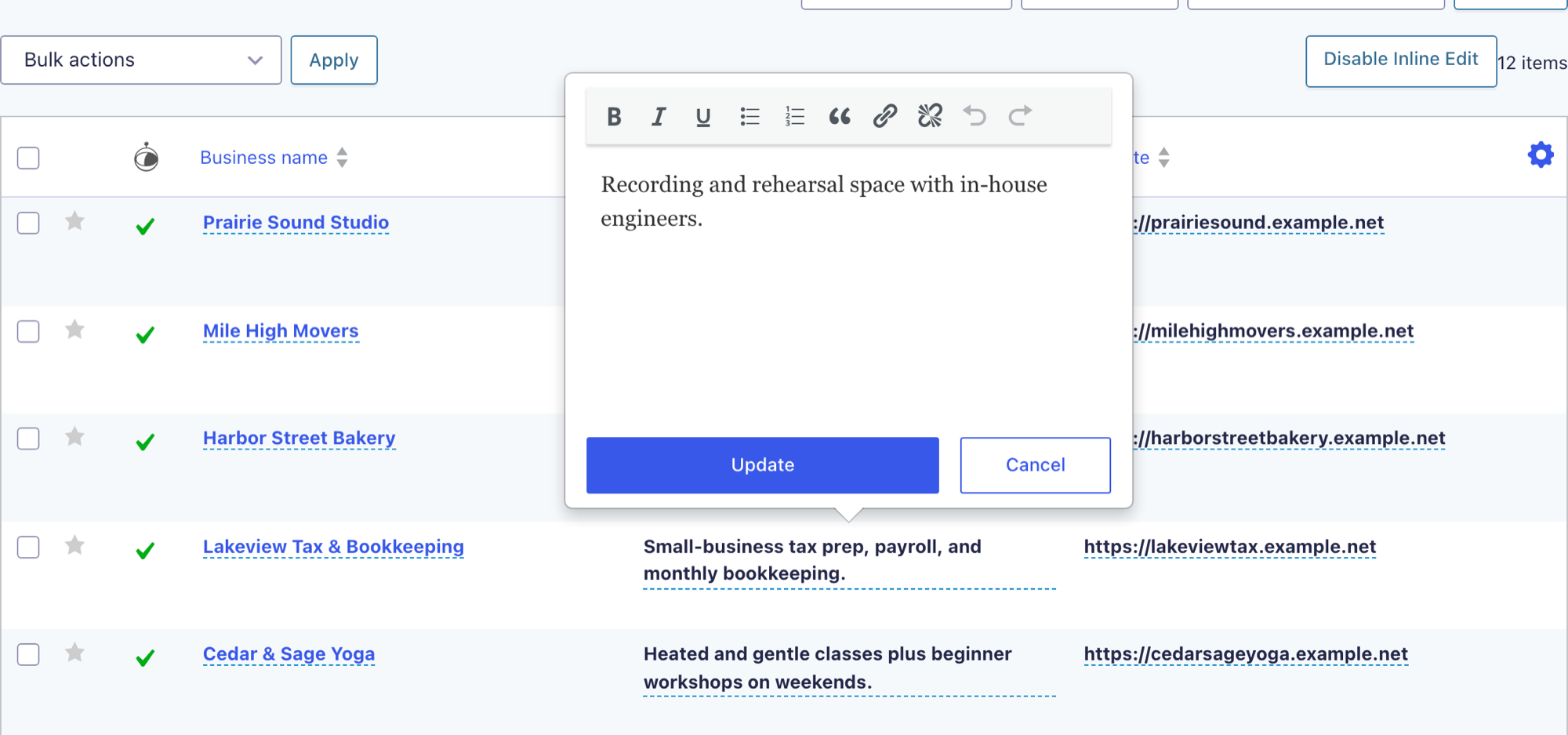 Editing a Gravity Forms entry inline with GravityEdit's rich text editor, with a formatting toolbar above the text