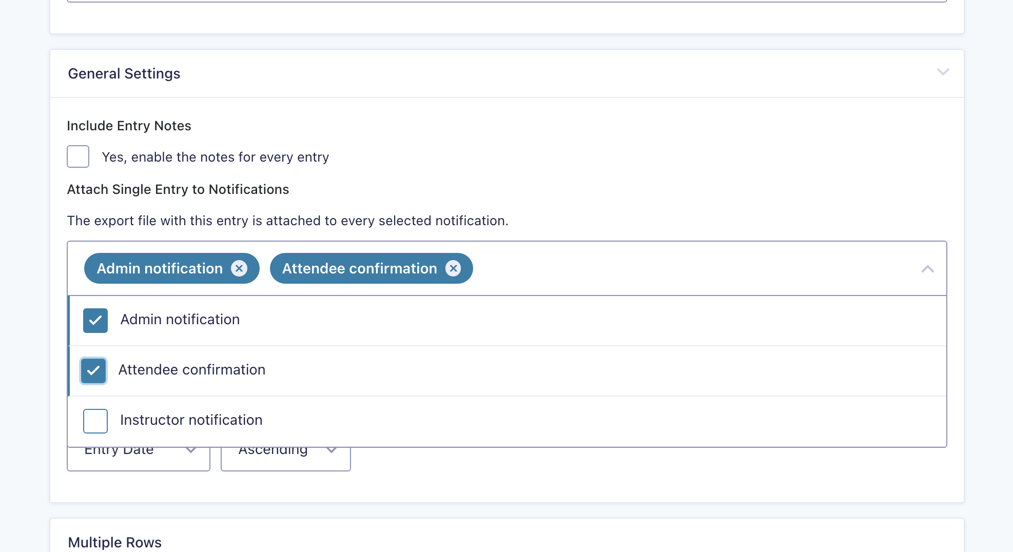 The GravityExport feed settings showing the Attach Single Entry to Notifications multi-select with two notifications selected