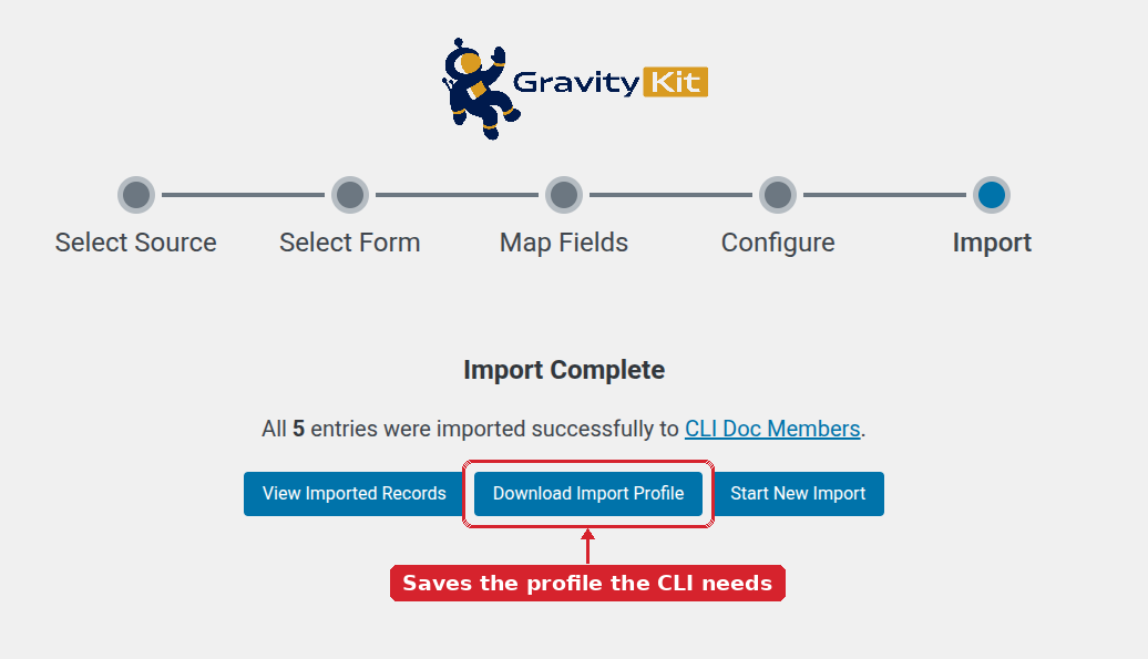 Import Complete screen with the Download Import Profile button highlighted, labelled as the button that saves the profile the CLI needs