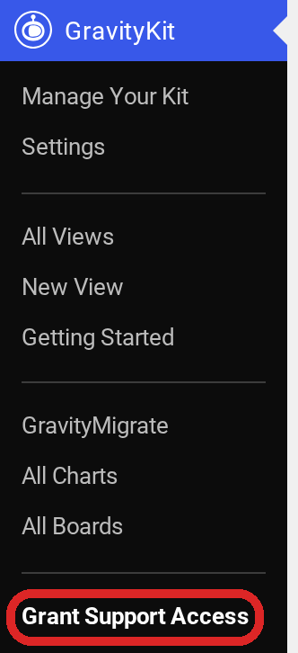 GravityKit menu with "Grant Support Access" highlighted