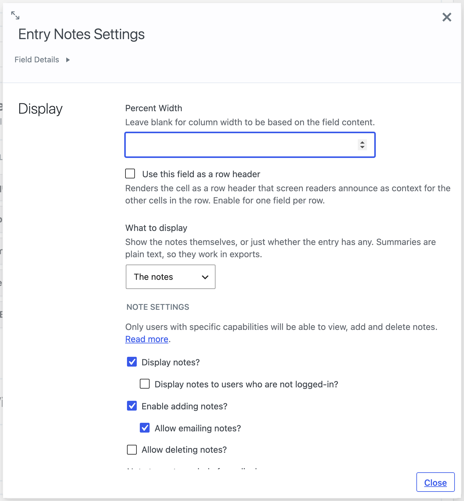 The Entry Notes field settings in the GravityView View editor, with the new What to display option for showing notes, a count, Yes or No, or custom text