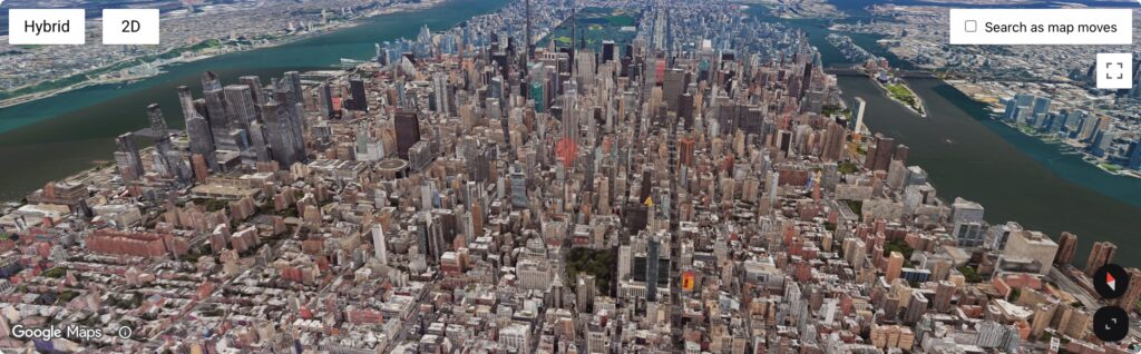A GravityView map in 3D mode over Manhattan with an entry marker and the Hybrid, 2D, and Full screen controls