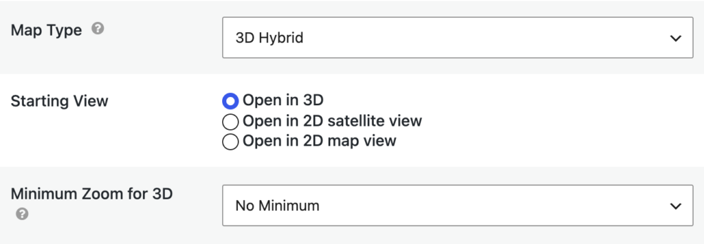 The Starting View and Minimum Zoom for 3D settings shown below the Map Type dropdown with 3D Hybrid selected
