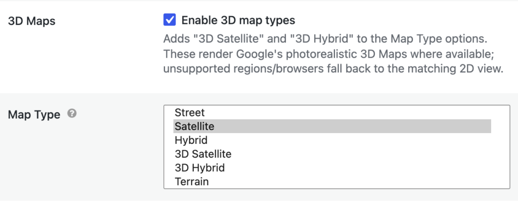 The Maps tab of the View Settings box with "Enable 3D map types" checked and the Map Type dropdown listing 3D Satellite and 3D Hybrid