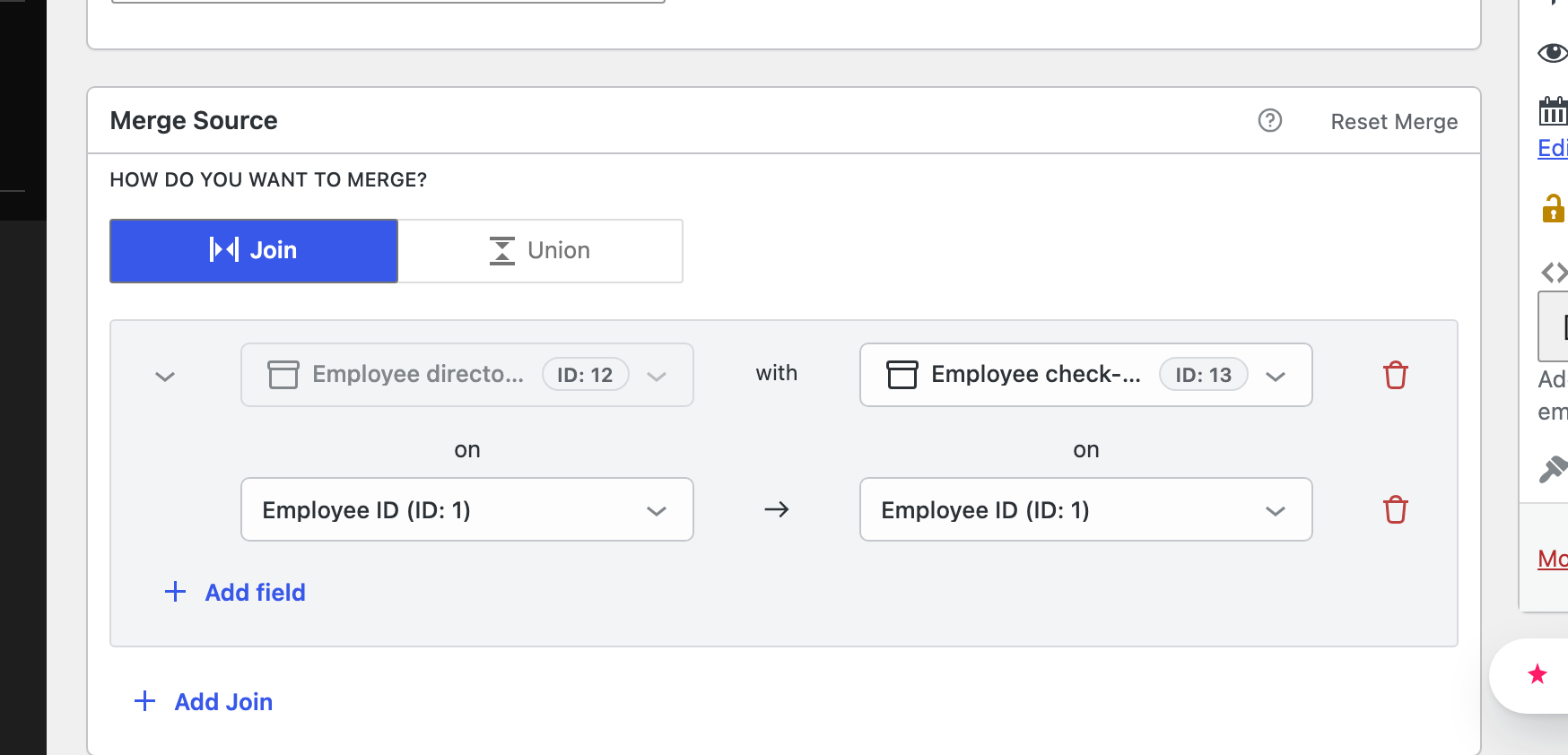 A configured join in the Merge Source panel: Employee directory joined with Employee check-ins on the Employee ID field from each form, with an Add field button for matching on more fields