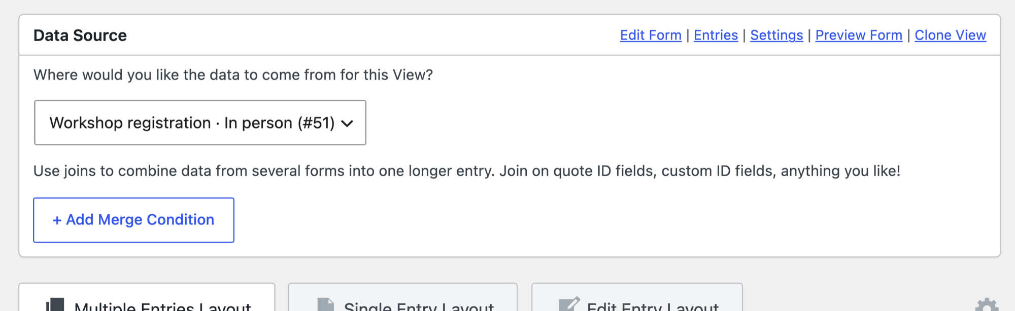 The Data Source box in the GravityView View editor with the Add Merge Condition button below the form selector
