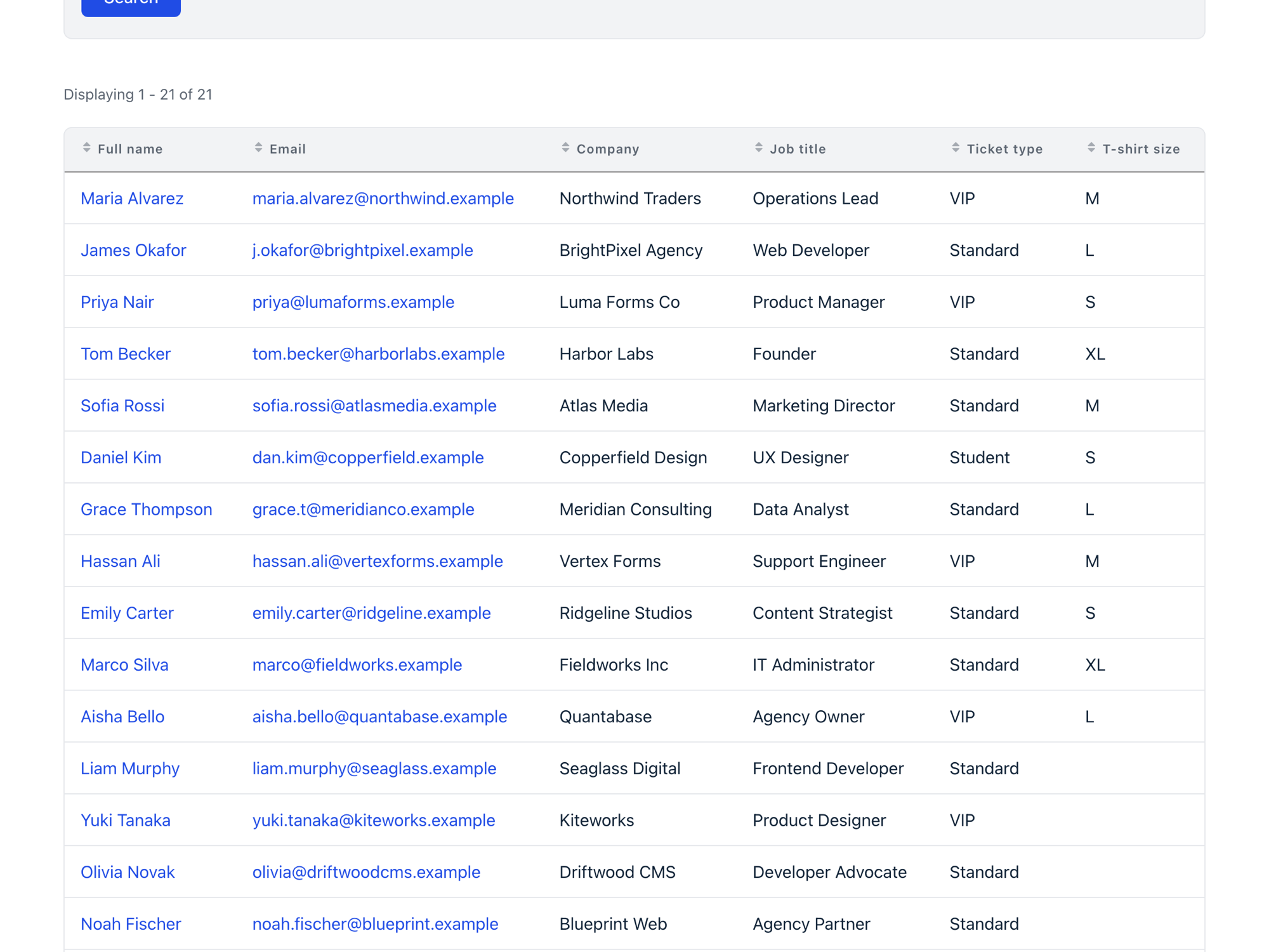 A front-end table View displaying 21 combined entries from two registration forms in one table, with shared columns for name, email, company, and ticket type