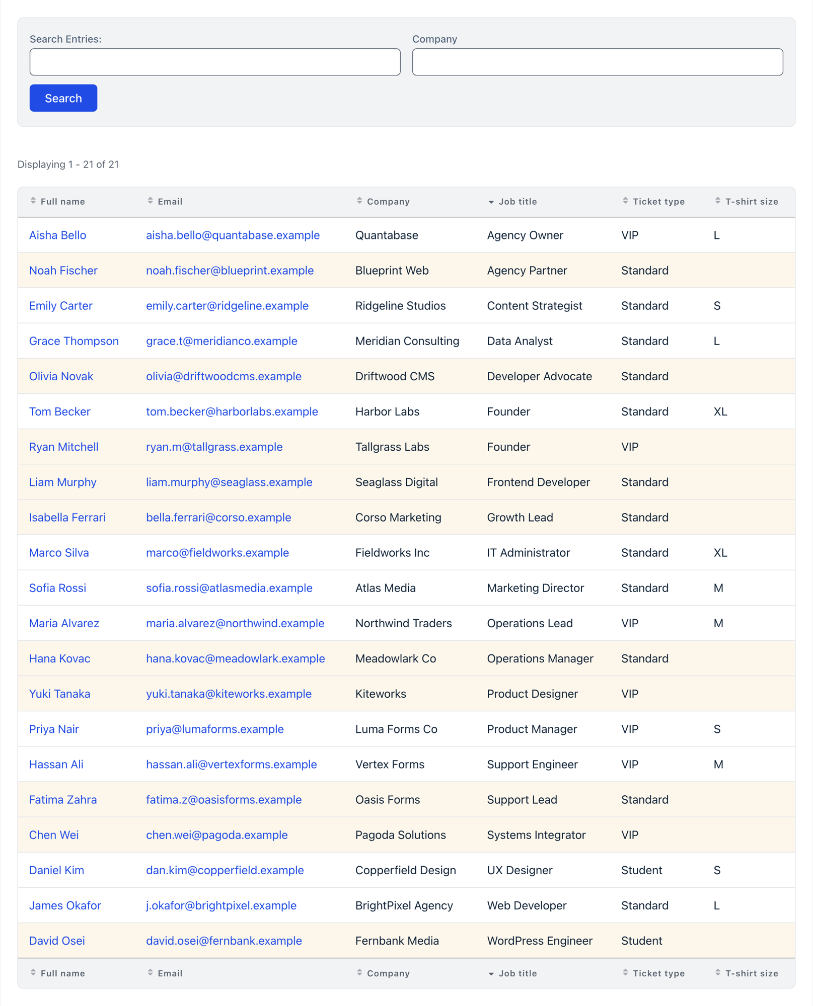 A front-end View combining in-person and virtual workshop registrations in one table, with a search bar above. Rows from the virtual registration form are tinted gold to show which form each entry came from