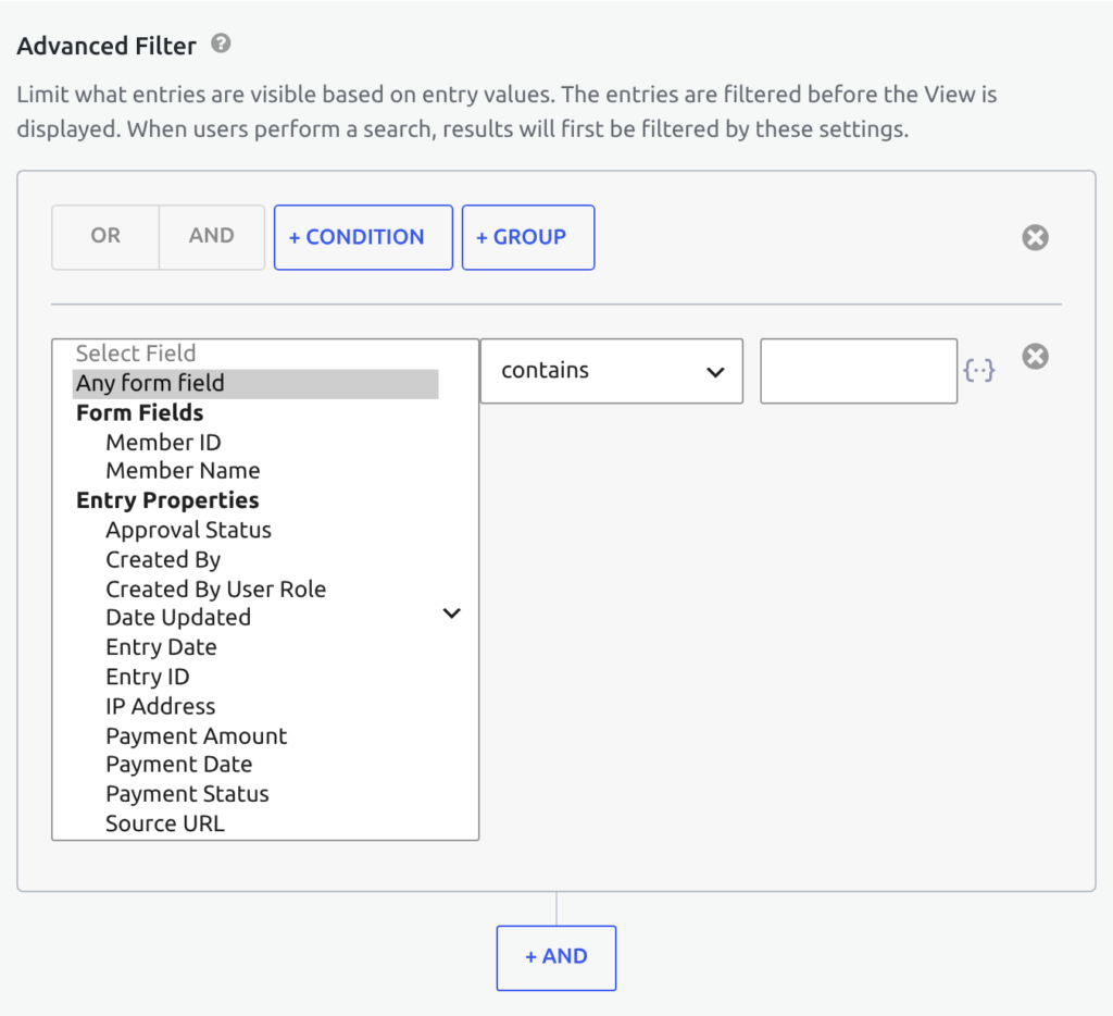 The Advanced Filter field dropdown on a joined View, listing only the primary form's fields under "Form Fields"