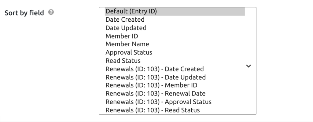 The Sort by field dropdown listing the connected form's fields, each prefixed with the form name and ID