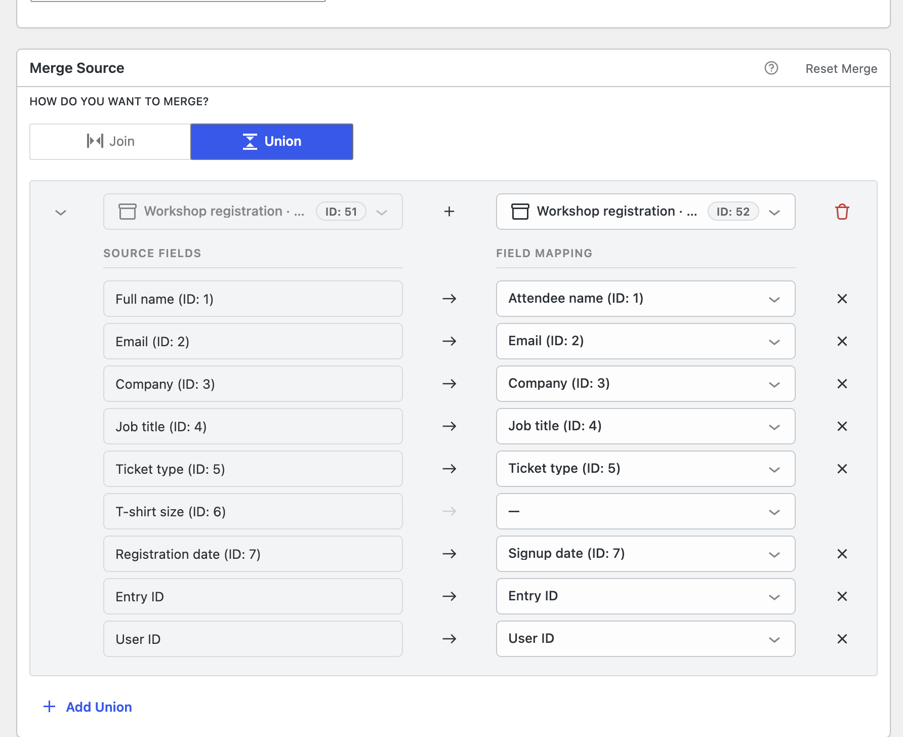 The Multiple Forms merge editor in the GravityView View editor, with Union selected and fields mapped between two workshop registration forms