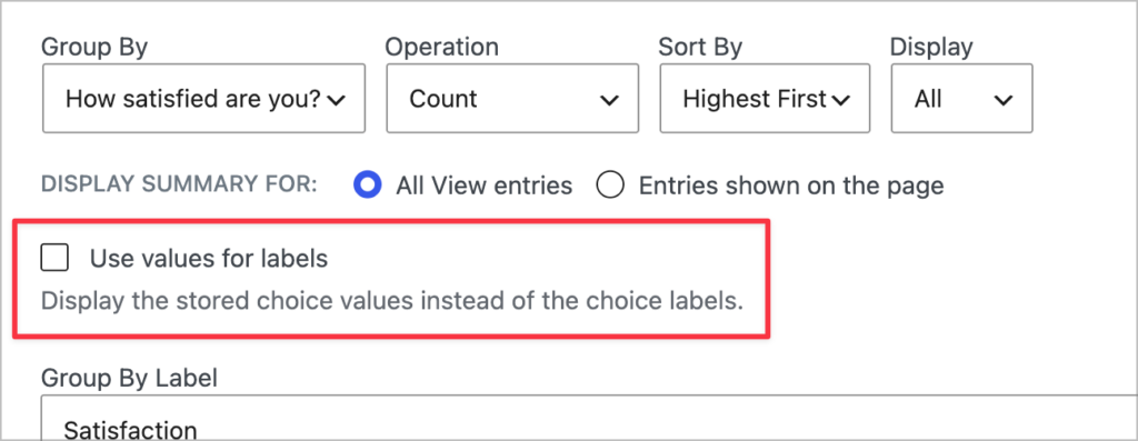 Math Summary widget settings in the GravityView editor, with the new Use values for labels checkbox highlighted below the Group By and Operation controls