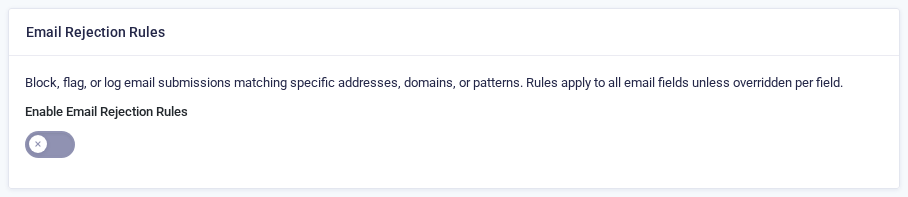 Email Rejection Rules section in Zero Spam settings with the Enable toggle switched off