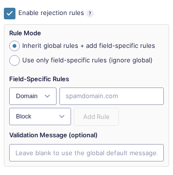 Per-field rejection settings showing Rule Mode with inherit and replace options