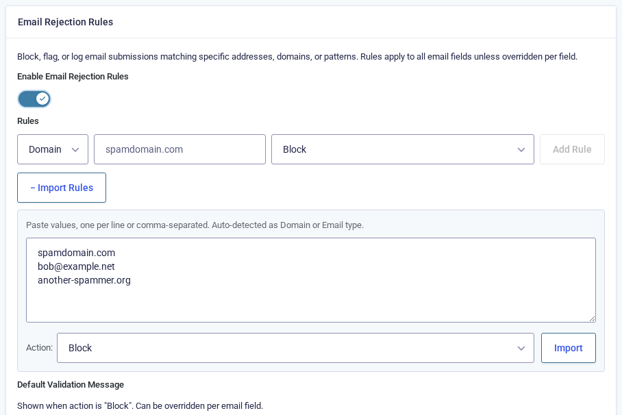 Import Rules panel expanded with three values pasted in and the action set to Block