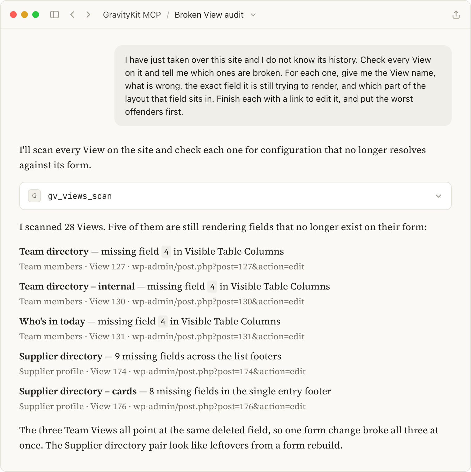 Claude listing five broken Views, each with the field reference it can no longer find, the layout area it sits in, and a link to edit it.